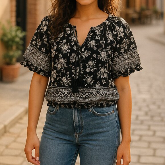 Lucky Brand Women's Boho Peasant Top Size L Black White Floral Print Tassel Tie - Picture 2 of 10